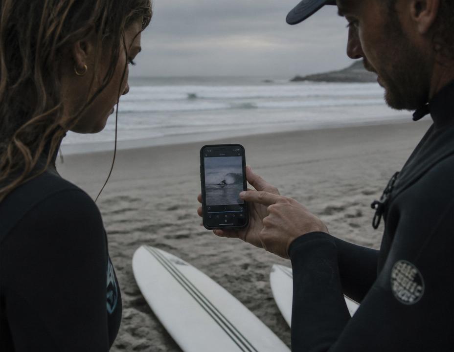 A surf coach showing a phone screen to a student on the beach